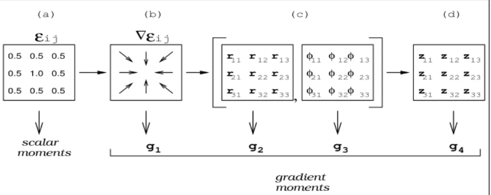 Figure 3. A schematic representation of the Gradient Pattern Analysis of a matricial scalar field:(a) an arbitrary normalized extended scalar field; (b) the corresponding gradient pattern of the amplitude fluctuations; (c) the norm and the phase of the flu