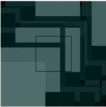 Figure 1. The initial step, n = 1 , in the formation of Q mf . In (a) a vertical line cut the square in two pieces according to ρ