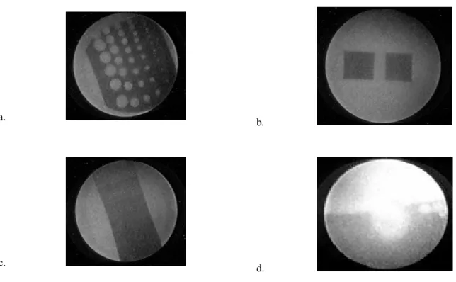 Figure 2. One-frame images: a. cadmium strip; b. gadolinium strip; c. Perspex step wedge; d