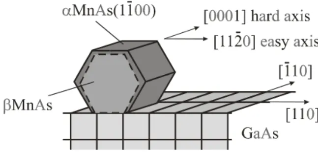 Figure 1. Scheme of the epitaxy of MnAs on GaAs(001) and ori- ori-entation of the hard and easy axis of magnetization.