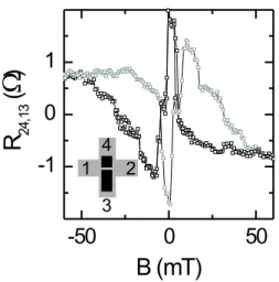 Figure 1. A two-micromagnet system fabricated from permalloy on top of the insulating cap layer of a Hall bar etched in a 2DES.