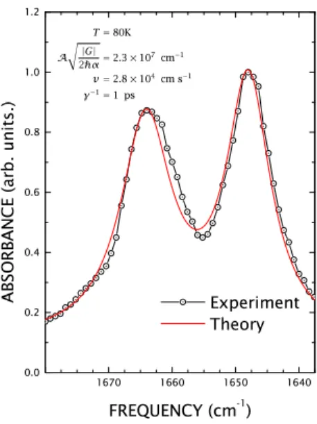 Figure 1. Optical vibrations: The IR absorption spectrum in ac- ac-etanilide at 80 K. Points are from the experimental data reported in [38], and the full line the calculation after Eq