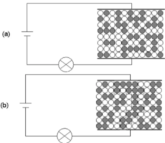 Figure 1. Pictorial representation of percolation. When a continu- continu-ous chain from the top to the bottom is formed as in (b), there will be a percolating current and the light bulb (⊗) will turn on.