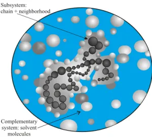 Figure 2. Microanonical system: representation of the chain-water system. The system as a whole has N 0 solvent (water) molecules, fixed volume V 0 , total (constant) energy E 0 and Γ 0 accessible states, is divided in a subsystem constituted by the chain 