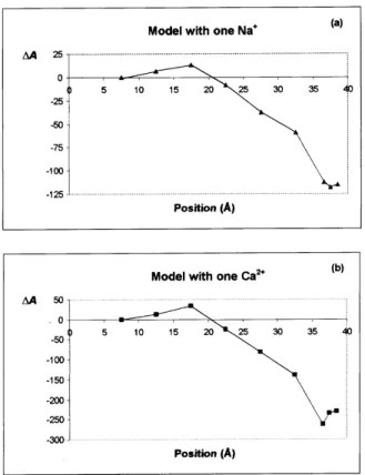 Figure 4. Potential of mean force curves (a) for the position change of a Na + ion inside the channel, and (b) for the position change of a Ca 2+ ion inside the channel.
