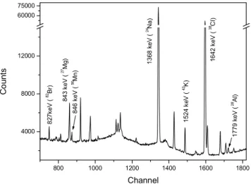 FIG. 2: Partial γ -ray spectrum of soybeans cultivated in the conventi- conventi-onal way for short time irradiation (peaks without energy indication are natural background, time counting 2 hour).