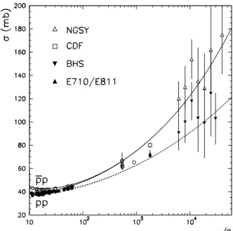 Figure 6 shows the total cross sections with parametrization (20) and the above extrema bounds, together with the  exper-imental information available.
