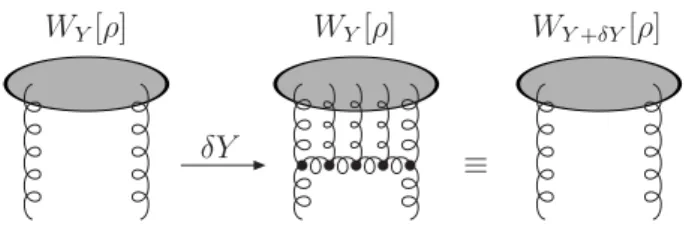 FIG. 4: One step of JIMWLK evolution: the emitted soft gluon prop- prop-agating in the string target field is used to redefine the probability W [ρ] at rapidity Y + δY 