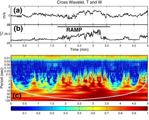 FIG. 4: (a) Five minutes of the Vertical wind velocity; (b) Temperature time-series, measured in same time at 12:00 hours, 068 julian day; (c) Cross Wavelet Transform applied in temperature and vertical wind velocity time-series