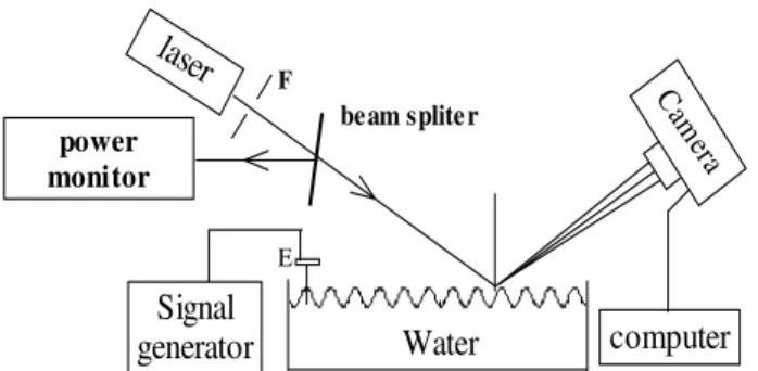 FIG. 1: Schematic diagram of experimental setup E: exciter, M: mir- mir-ror, P: polarizer, F: filter.
