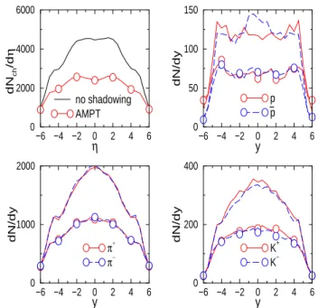 FIG. 1: (Color online) Rapidity distributions of charged hadrons (up- (up-per left panel), pions (lower left panel), kaons (lower right panel) as well as protons and antiprotons (upper right panel) for central (b ≤ 3 fm) Pb+Pb collisions at √