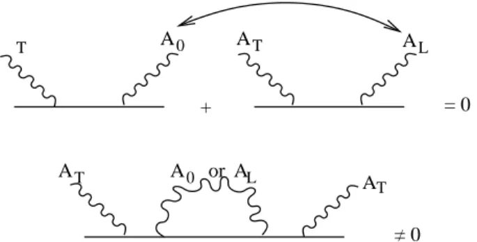 FIG. 1: An example of Feynman diagrams containing longitudinal and timelike photons as external lines (where they cancel) and in loops (where they contribute).