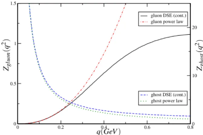 FIG. 1: The DSE solution for the gluon and ghost dressing functions [6] compared with the corresponding pure power laws.