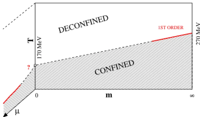 FIG. 1: The phase diagram of N f = 2QCD. The transition line is defined by the maxima of the specific heat and of the susceptibility of the chiral order parameter