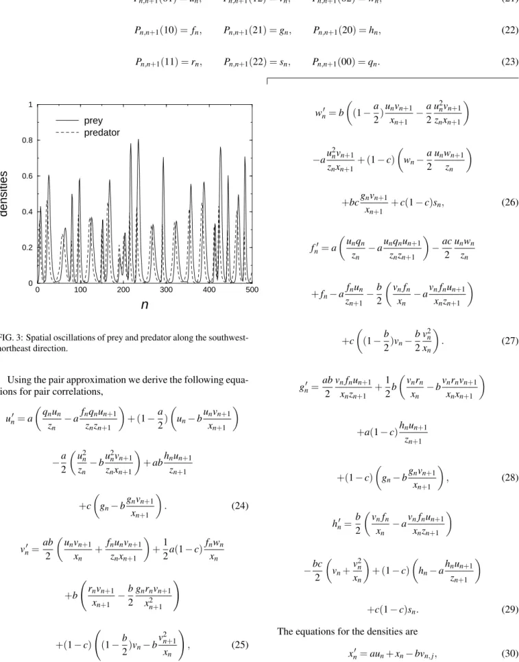 FIG. 3: Spatial oscillations of prey and predator along the southwest- southwest-northeast direction.
