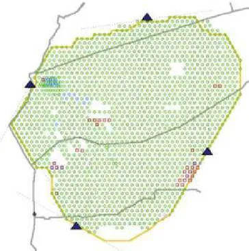 FIG. 1: Layout of the Pierre Auger Observatory southern site show- show-ing the four FD telescopes (eyes, represented by blue triangles), all in operation