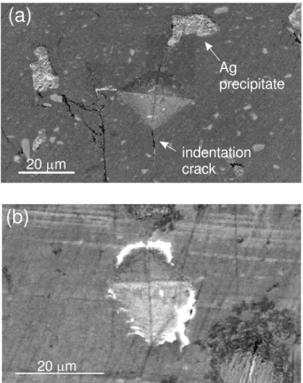 FIG. 1: SEM micrographs of 320 mN Berkovich indentations for (a) ab-plane and (b) ca(b)-plane of pure YBCO.