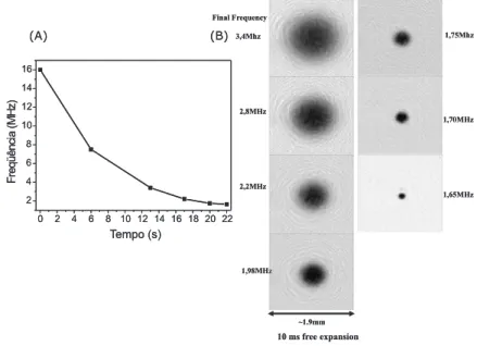 FIG. 5: (A) Evaporation frequency as a function of time, and (B) sequence of 10 ms time-of-flight absorption measurements showing the cloud evolution as the evaporation frequency is decreased.