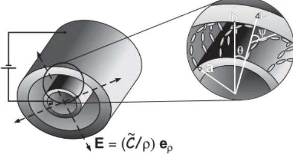FIG. 1: Nematic sample limited by two concentric cylinders of ra- ra-dius a and b. A uniform electric field is directed along a radial direction (normal to the cylinder axes, e z )