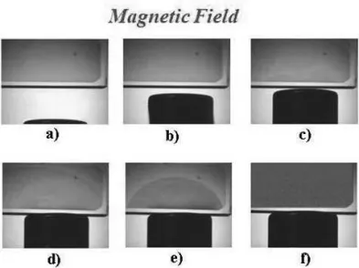 FIG. 8: a)-e) Dynamics of the separation for composite sample FC3 as the rare-earth permanent magnet approach the quartz cuvette