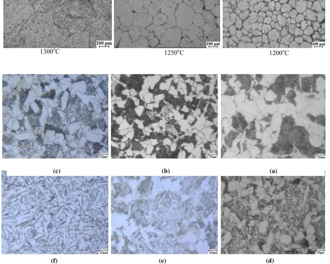 FIG. 7: Showing optical micrography of various samples: a and b at 1180 ◦ C, c and d at 1240 ◦ C, e and f at 1180 ◦ C