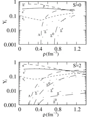 Fig. 1 shows the fractions of hyperons, nucleons, and lep- lep-tons in a system with trapped neutrinos and fixed lepton  frac-tion Y l = 0.4
