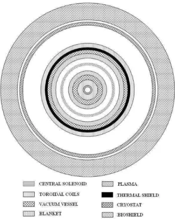 FIG. 2: Top view of geometric model. (scale out). The blank spaces are vacuum areas