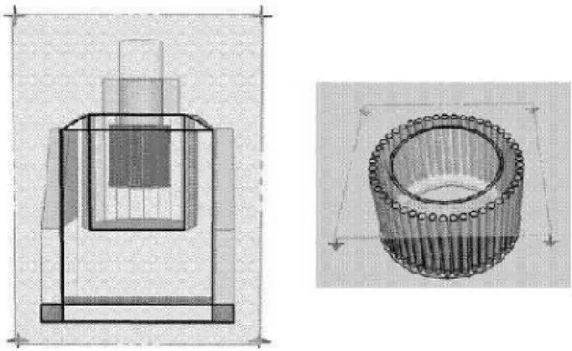 FIG. 2: Frontal cut-away view of GammaCell 220 and top view of sources.