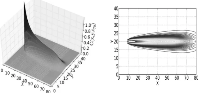 Figure 1: Numerical solution and level curves for t 70 = 70days with τ n = 1.0day, lagrangian functions of order two, θ = 1.0 and finite element mesh with n x = 200 = 2n y triangular elements in each direction and left/rigth orientation.