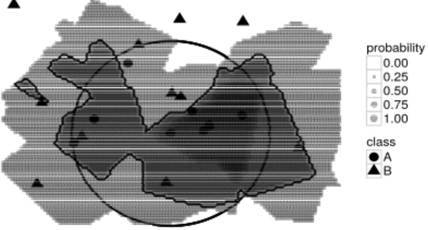 Figure 5: Decision region for an imbalanced dataset. The irregular solid line is the decision border between class A and B.