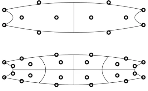 Figura 3: Exemplo de h-refinamento de um dom´ınio bidimensional onde est˜ao representadas as divis˜oes dos elementos e os pontos de controle (c´ırculos)