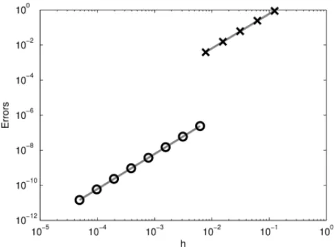 Figure 3: Numerical errors by spatial and temporal mesh grid sizes in loglog scale. Crosses denote spatial errors and circles temporal errors