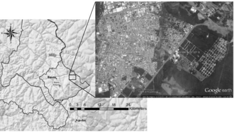 Figura 1: Regi˜ao urbana de Bauru-SP sobre divisas da microbacia e geopol´ıtica, e ampliac¸˜ao da vizinhanc¸a populacional da fonte poluente de coordenadas 49,008W e 22,327S.