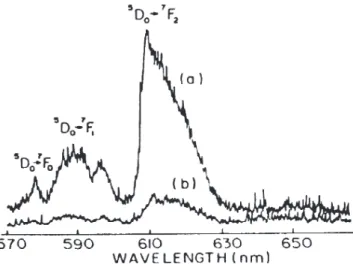 Figure 3. Luminescence spectrum of the Eu 3+  ion, in the presence (a) and in the absence (b) of silver particles, in a fluoroborate glass