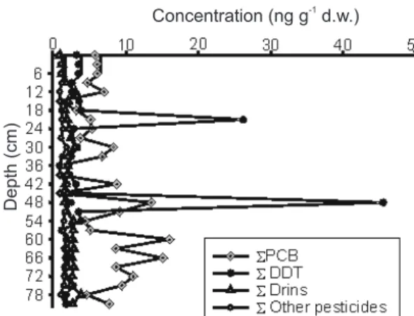 Figure 3. Distribution of OCs (DDT, PCB, Drins and other organochlorine pesticides) in a sample core of the Santana Reservoir.