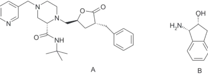 Figure 2. Indinavir lactone derivative (A) and cis-aminoindanol (B)