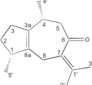 Figure  1. Structural  formula  of  the  guaiane-type  sesquiterpene  derivative  2,3,4,5,7,8-hexahydro-1,4-dimethyl-7-(1-methylethylidene)-6(1H)-azulenone  (calamusenone), the dominant compound identified in the essential oil of H
