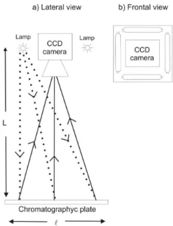 Figure 2. (a) Lateral view of photometer design with perspective of light and  (b) frontal view of photometer design showing the location of lamps