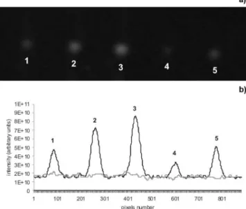 Figure 4. (a) Image of chromatographic plate obtained by the CCD camera  with (1) three, (2) six, (3) nine microliters aliquots of sample extract, (4) two  and (5) four microliter aliquots of alatoxin B1 standard solution (0.8 µg mL 