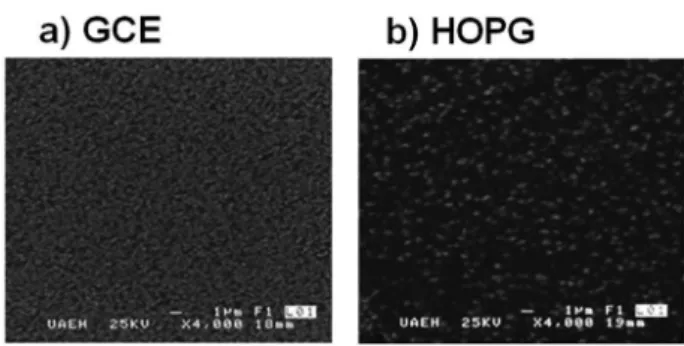 Figure 5. SEM images of the deposits obtained at −1.300 V on a) GCE and  b) HOPG, from an aqueous solution 10 −2  M of ZnSO 4  and 1 M (NH 4 ) 2 SO 4  (pH  7.0) 4,000× magniication was used