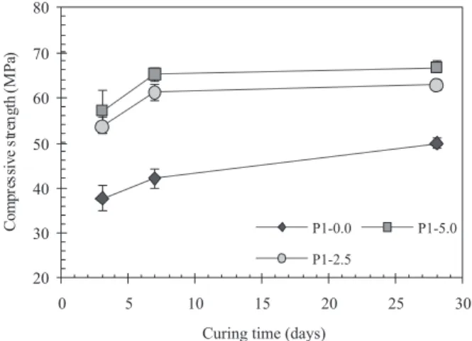 Figure 6. The evolution of the compressive strength in the p-1 pastes