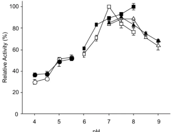 Figure 4. Effect of different temperatures in the activity of catechol 2,3-dioxy- 2,3-dioxy-genase (C2,3O) produced by the Gordonia polyisoprenivorans in the cell free  extract (  ) and immobilized extract (  )