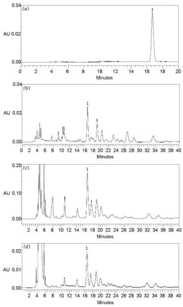 Figure 2. HPLC-PDA chromatograms of (a) lupeol; (b) powdered plant ma- ma-terial; (c) hydroalcoholic extract; and (d) dried extract obtained at 210 nm
