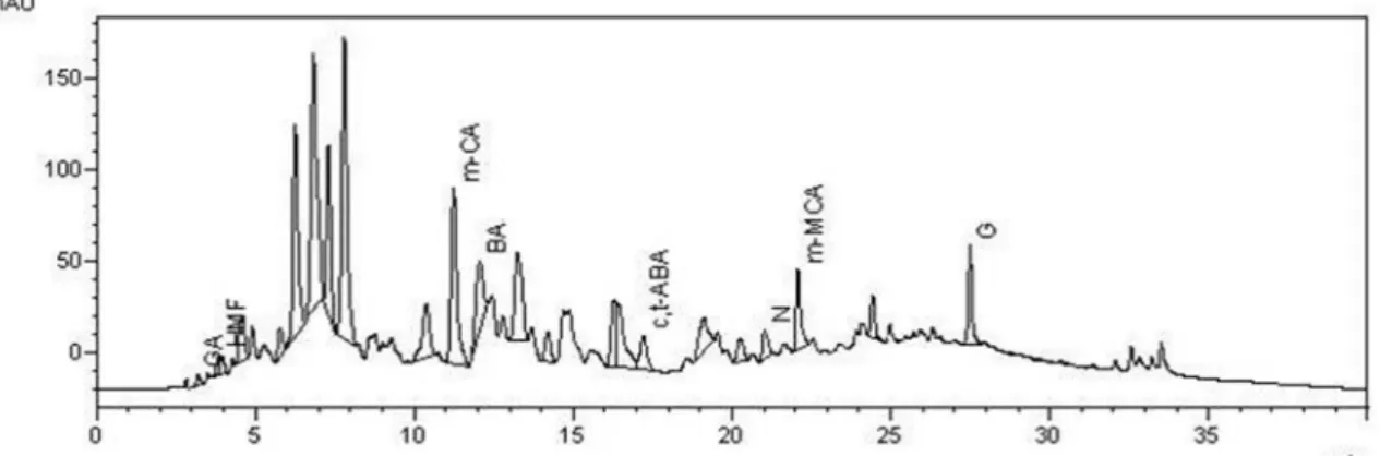 Figure 6S. Chromatogram of the honey extract C6 at  λ = 280nm. GA- gallic acid; HMF- hydroxymethylfurfural; m-CA – meta-coumaric acid; BA- benzoic  acid; ABA – ±abscisic acid;