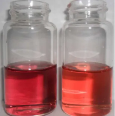 Figure 4. Color change of a solution of 2 in 2-propanol when cooled in ice  water (left) and when placed in a hot-water (70–80°C) bath (right)Thermochromism of 2 