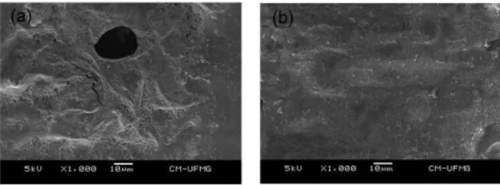 Figure 8 . SEM images of the neat PLLA (a) and PLLA-1% (b) after 8  weeks  of  hydrolytic degradation in the phosphate buffer