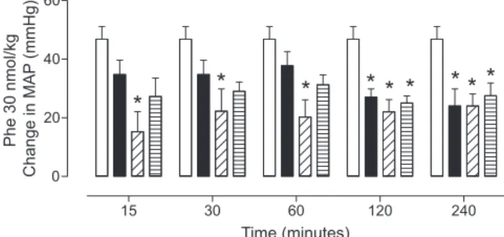 Figure 5. Effects of NFP and NFP formulations on mean arterial pressure  increases after phenylephrine administration to anesthetized rats