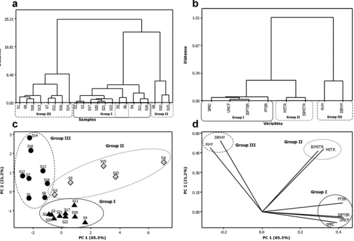 Figure 2. HCA and PCA analyses of U. tomentosa stem bark samples considering only the oxindole alkaloids: (a) dendrogram of the samples using Ward’s  as linkage method and the Euclidean distance, (b) dendrogram of the variables using the single linkage met