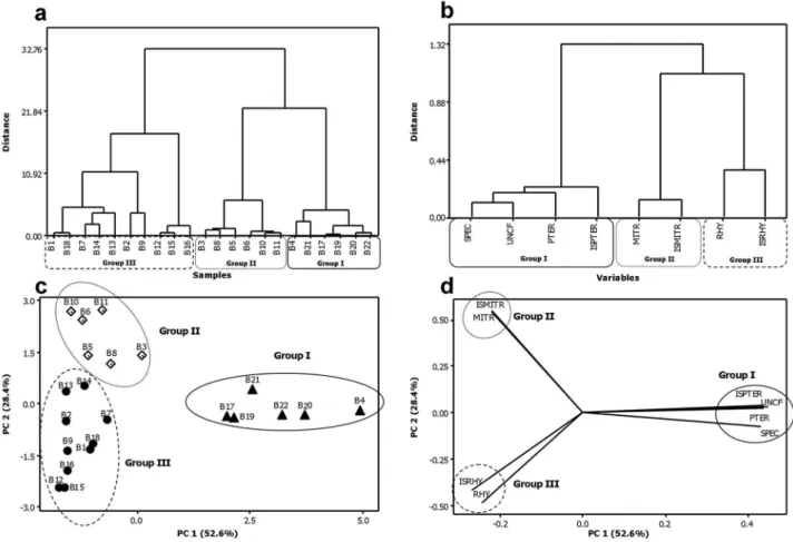 Figure 3. HCA and PCA analyses of U. tomentosa branches samples considering only the oxindole alkaloids: (a) dendrogram of the samples using Ward’s  as linkage method and the Euclidean distance, (b) dendrogram of the variables using the single linkage meth