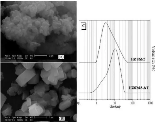 Figure 5 shows the thermal desorption of NH 3  for ZSM-5 zeolites  synthesized with and without templates; the acidic properties of the Table 1.Textural properties, crystallographic parameters and chemical 